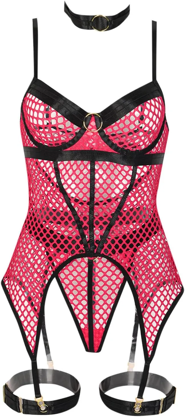 Women's Sexy Lingerie Skirt 3 Piece Set Large Mesh Splicing With Steel Ring Hanging Neck Vintage Lingerie for