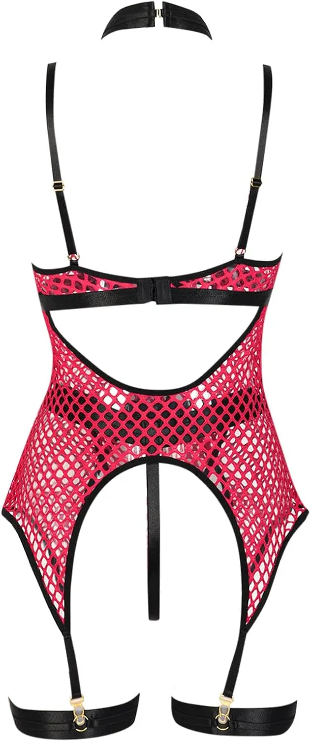 Women's Sexy Lingerie Skirt 3 Piece Set Large Mesh Splicing With Steel Ring Hanging Neck Vintage Lingerie for