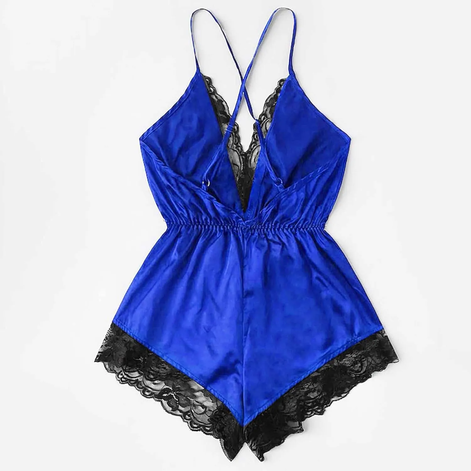 Women's Sexy Satin Lingerie One Piece V Neck Lace Trim Babydoll Camisole Teddy Bodysuit Sleeveless Backless Sleepwear