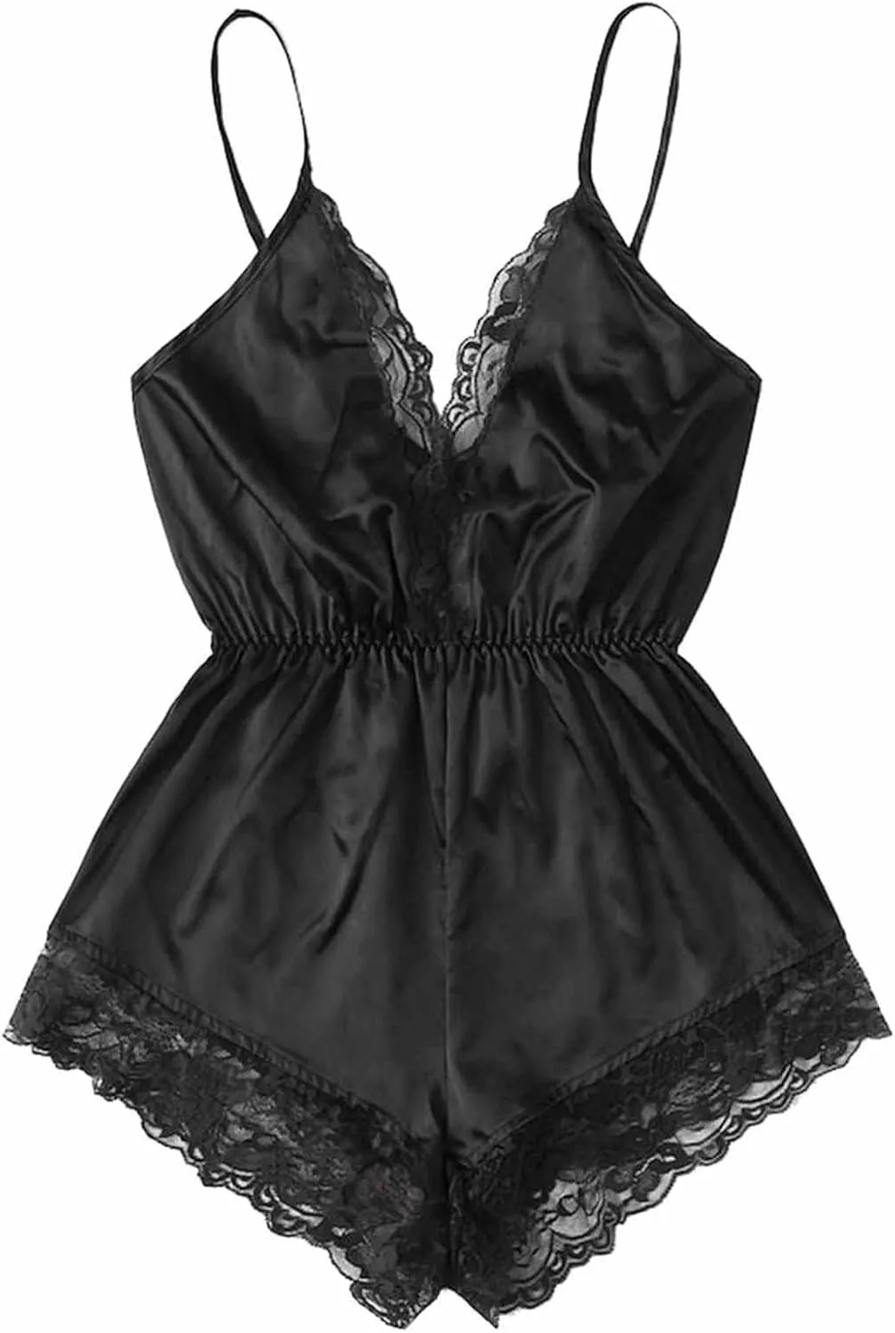Women's Sexy Satin Lingerie One Piece V Neck Lace Trim Babydoll Camisole Teddy Bodysuit Sleeveless Backless Sleepwear