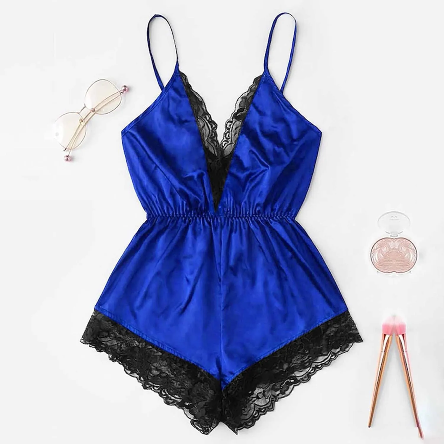 Women's Sexy Satin Lingerie One Piece V Neck Lace Trim Babydoll Camisole Teddy Bodysuit Sleeveless Backless Sleepwear