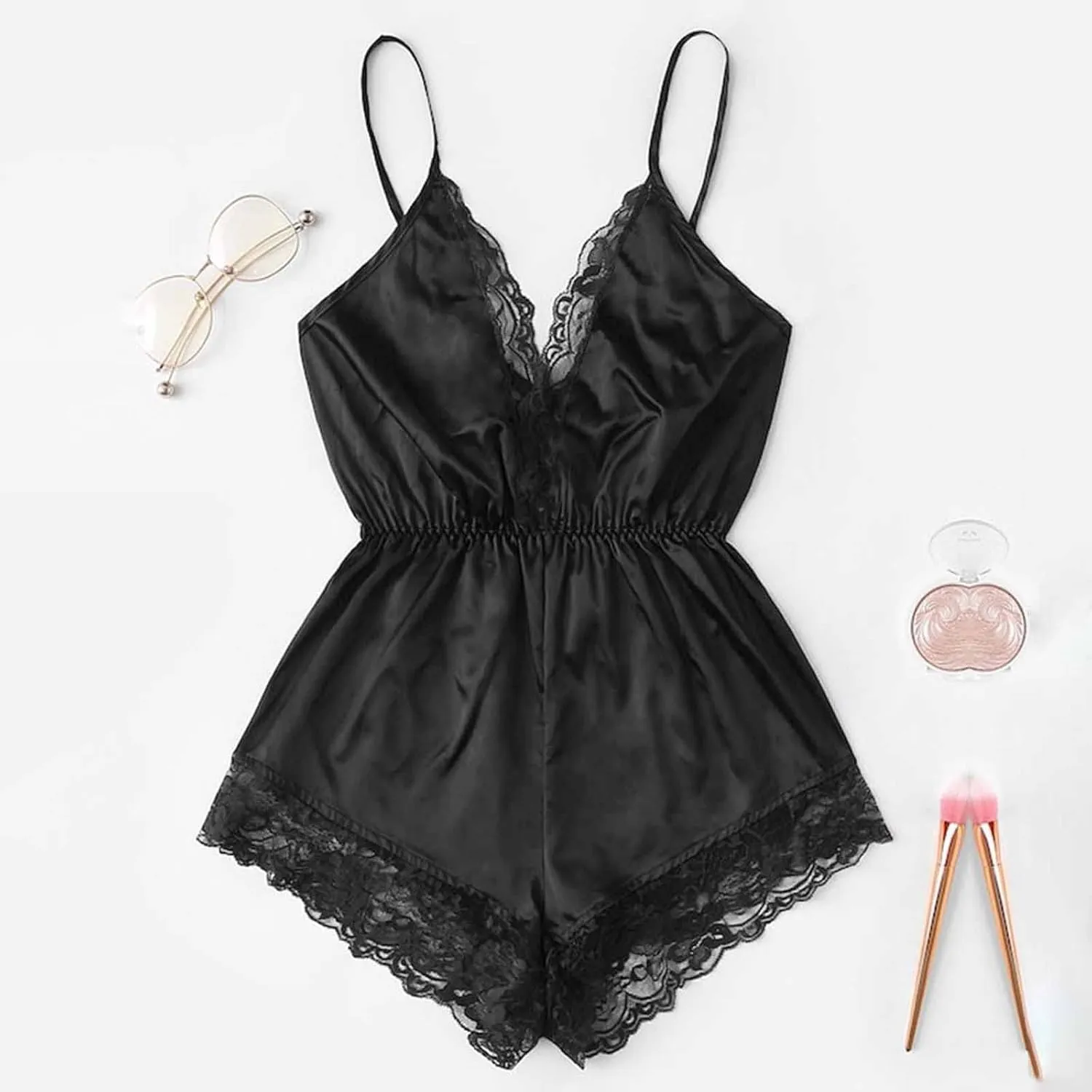 Women's Sexy Satin Lingerie One Piece V Neck Lace Trim Babydoll Camisole Teddy Bodysuit Sleeveless Backless Sleepwear