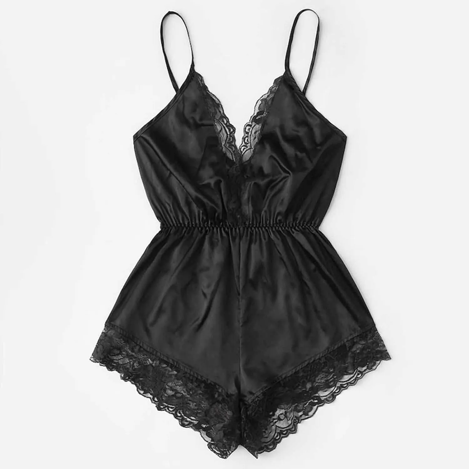 Women's Sexy Satin Lingerie One Piece V Neck Lace Trim Babydoll Camisole Teddy Bodysuit Sleeveless Backless Sleepwear