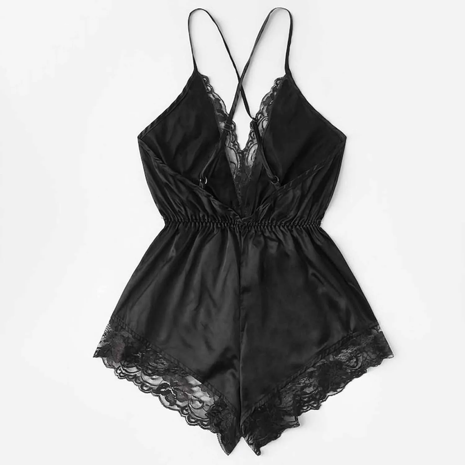 Women's Sexy Satin Lingerie One Piece V Neck Lace Trim Babydoll Camisole Teddy Bodysuit Sleeveless Backless Sleepwear