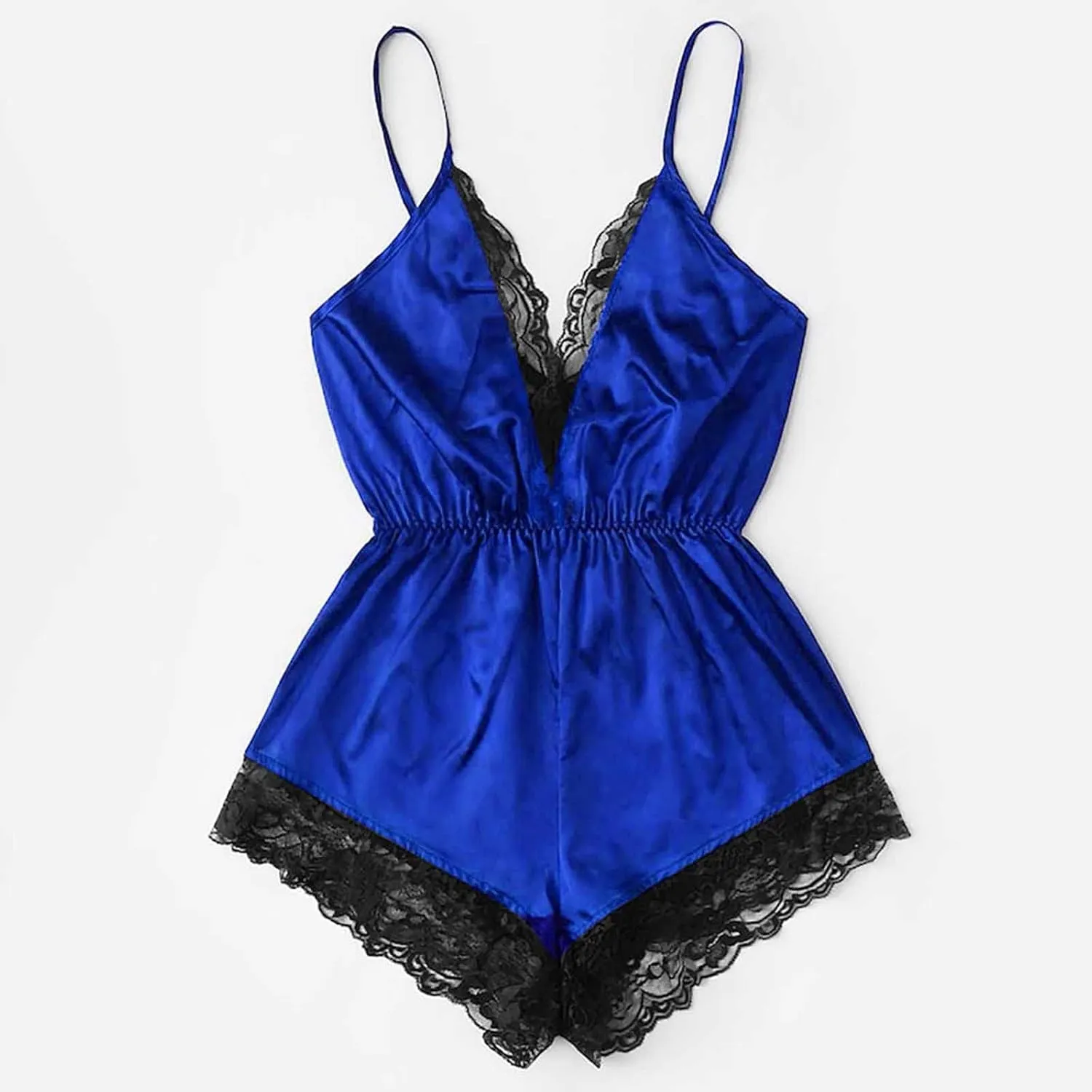 Women's Sexy Satin Lingerie One Piece V Neck Lace Trim Babydoll Camisole Teddy Bodysuit Sleeveless Backless Sleepwear