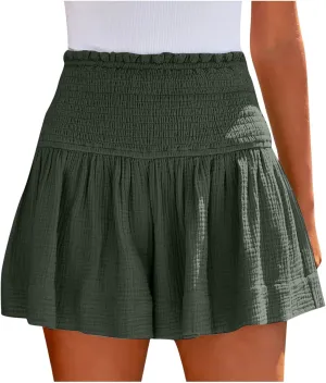 Womens Shorts Summer Trendy Solid Color High Elastic Waisted Pleated Ruffle Cute Shorts Beach Flowy Casual Shorts