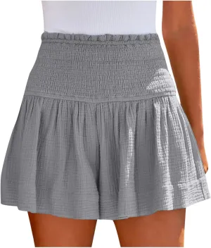 Womens Shorts Summer Trendy Solid Color High Elastic Waisted Pleated Ruffle Cute Shorts Beach Flowy Casual Shorts