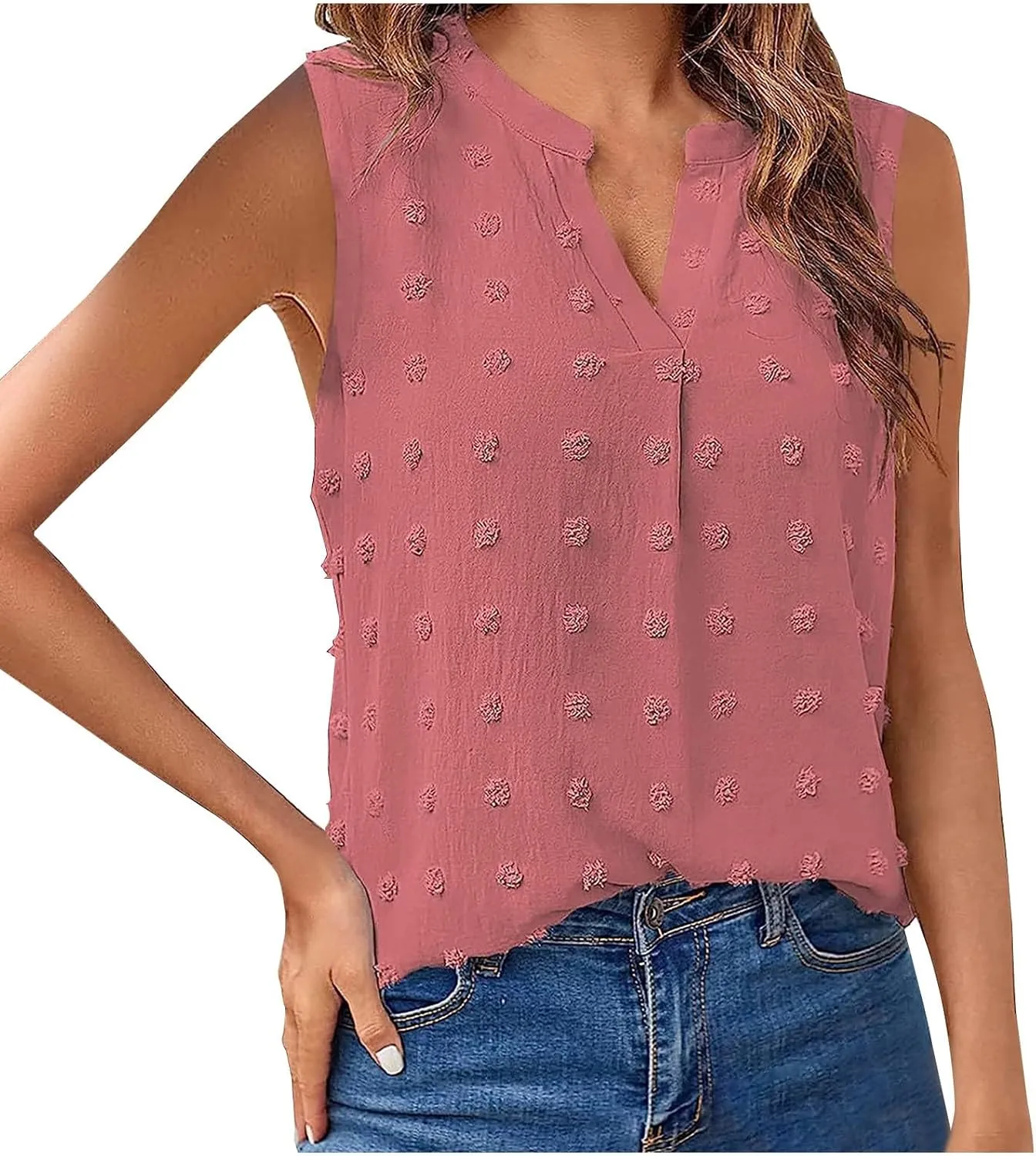 Womens Sleeveless Chiffon Blouse V Neck Swiss Dots Tank Top Casual Summer Work Shirts Office Dressy Shirts
