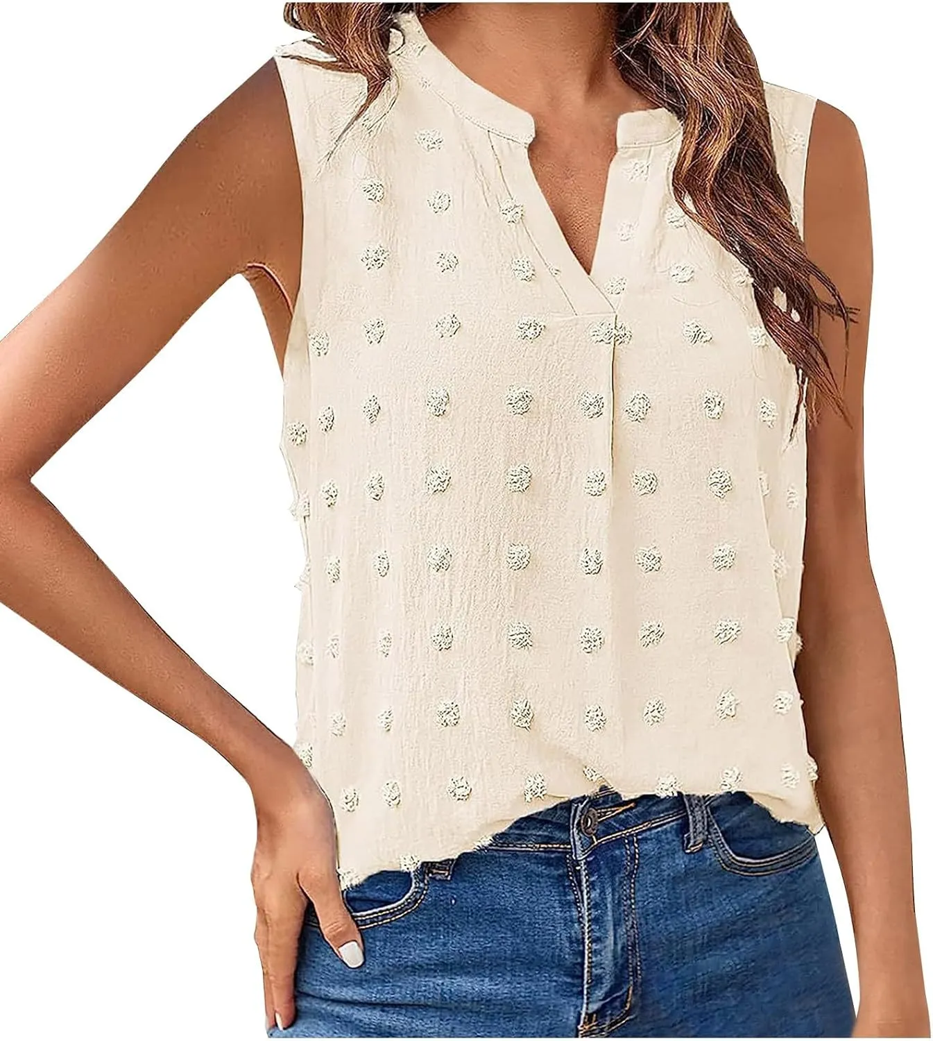 Womens Sleeveless Chiffon Blouse V Neck Swiss Dots Tank Top Casual Summer Work Shirts Office Dressy Shirts