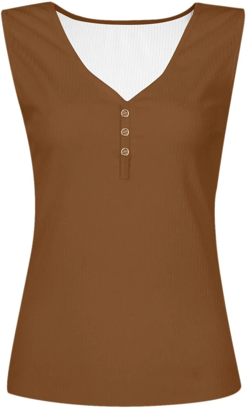 Women's Sleeveless Henley Shirts Ribbed Tank Tops V Neck Button Down Tshirt Summer Casual Tee Blouse
