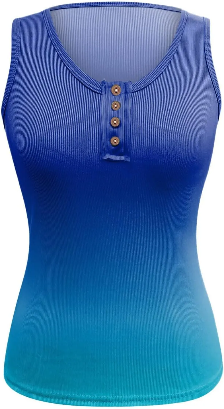 Womens Sleeveless Henley Tank Tops Ribbed Knit Scoop Neck Button Up T Shirts Summer Ombre Slim Fit Tee Tops Stretch