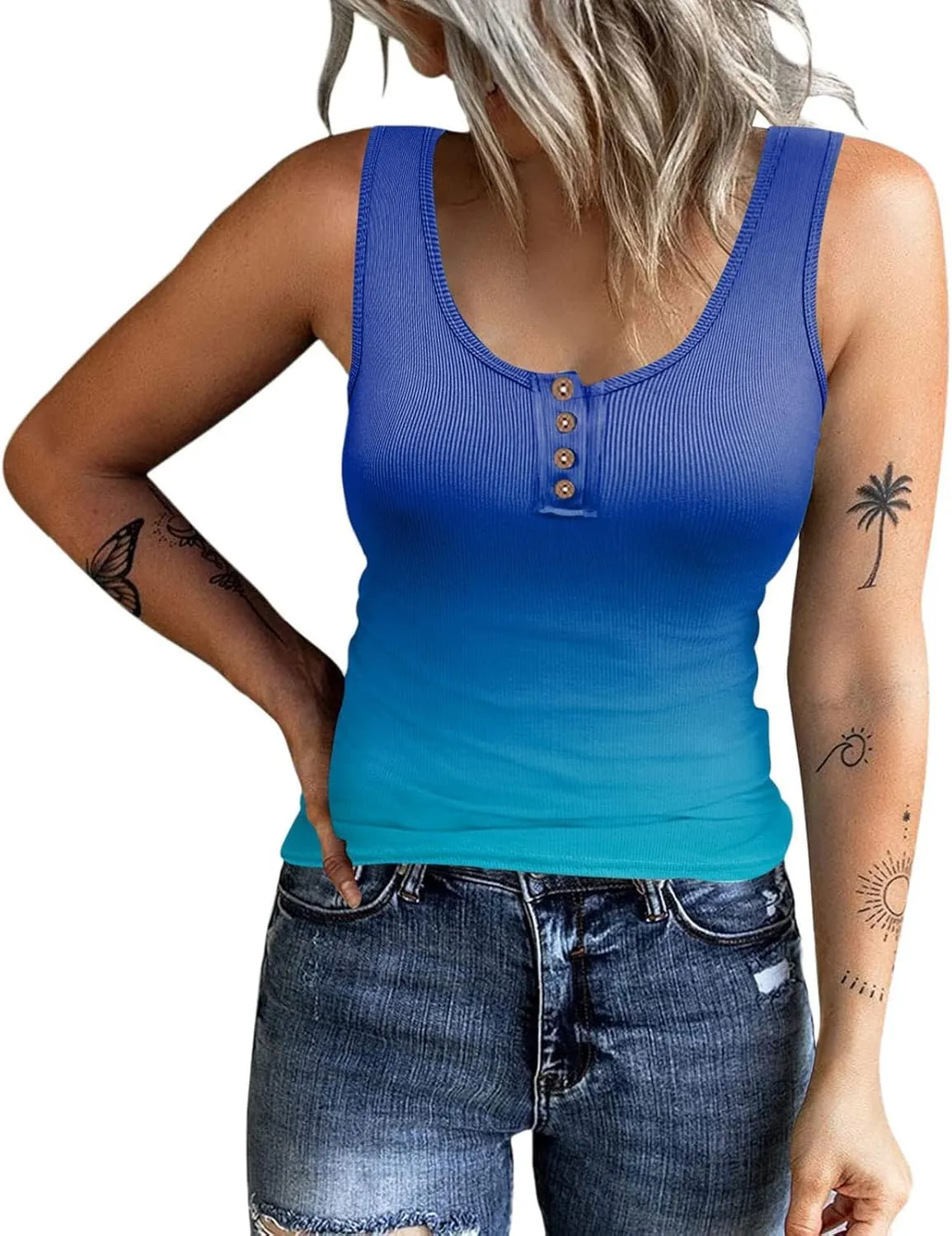 Womens Sleeveless Henley Tank Tops Ribbed Knit Scoop Neck Button Up T Shirts Summer Ombre Slim Fit Tee Tops Stretch