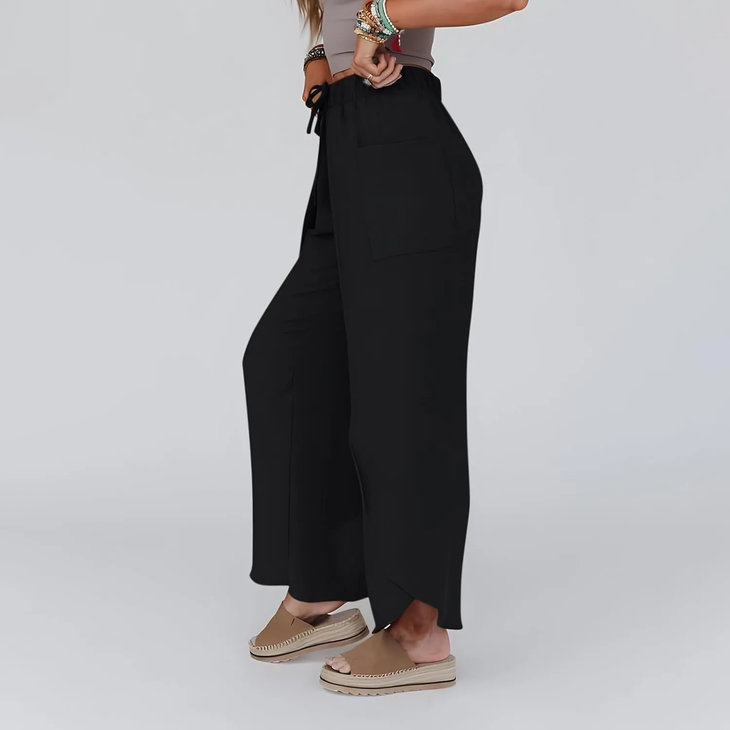 Women's Summer Cotton Linen Wide Leg Pants Drawstring Palazzo Slimming Flared Flowy Beach Trousers with Pockets