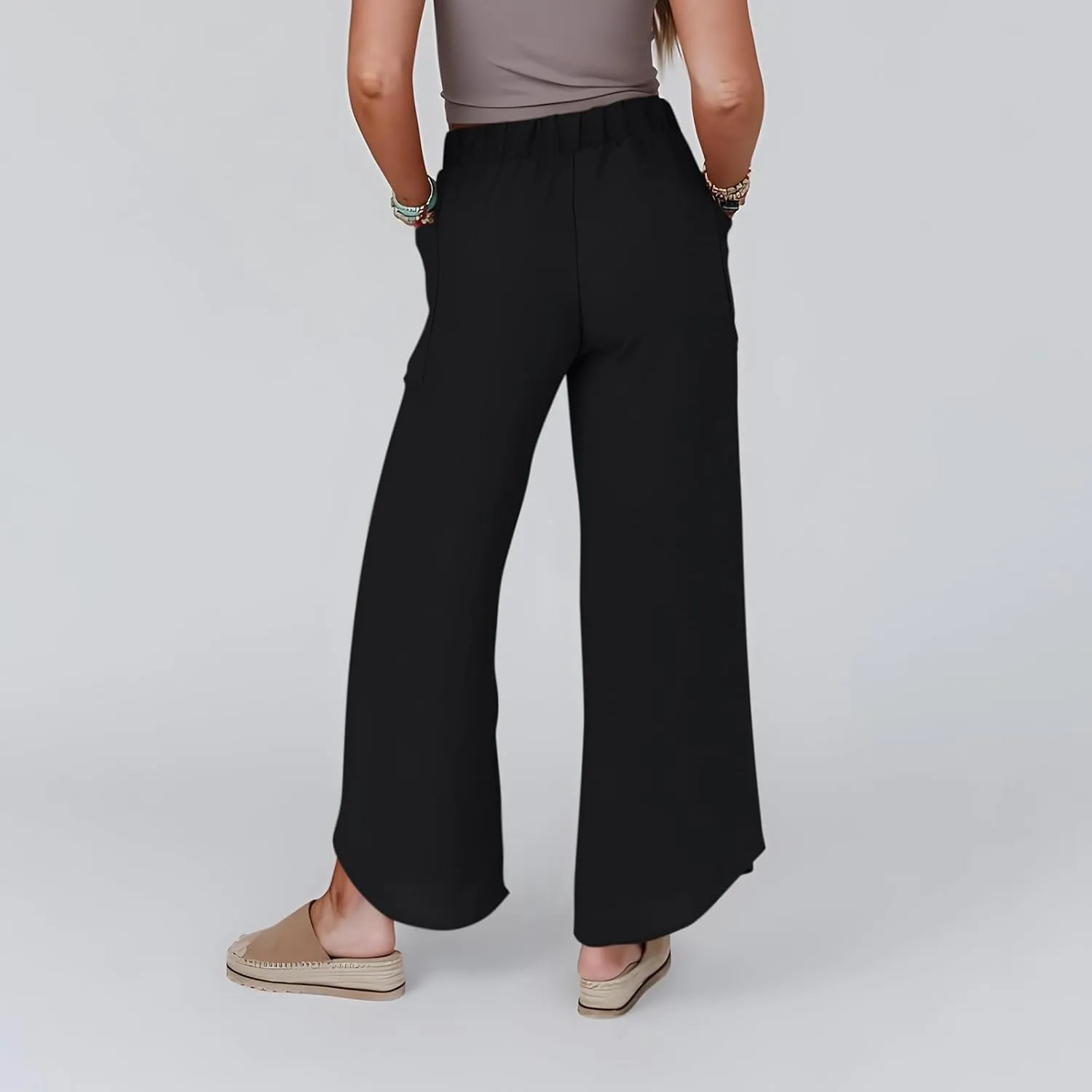 Women's Summer Cotton Linen Wide Leg Pants Drawstring Palazzo Slimming Flared Flowy Beach Trousers with Pockets