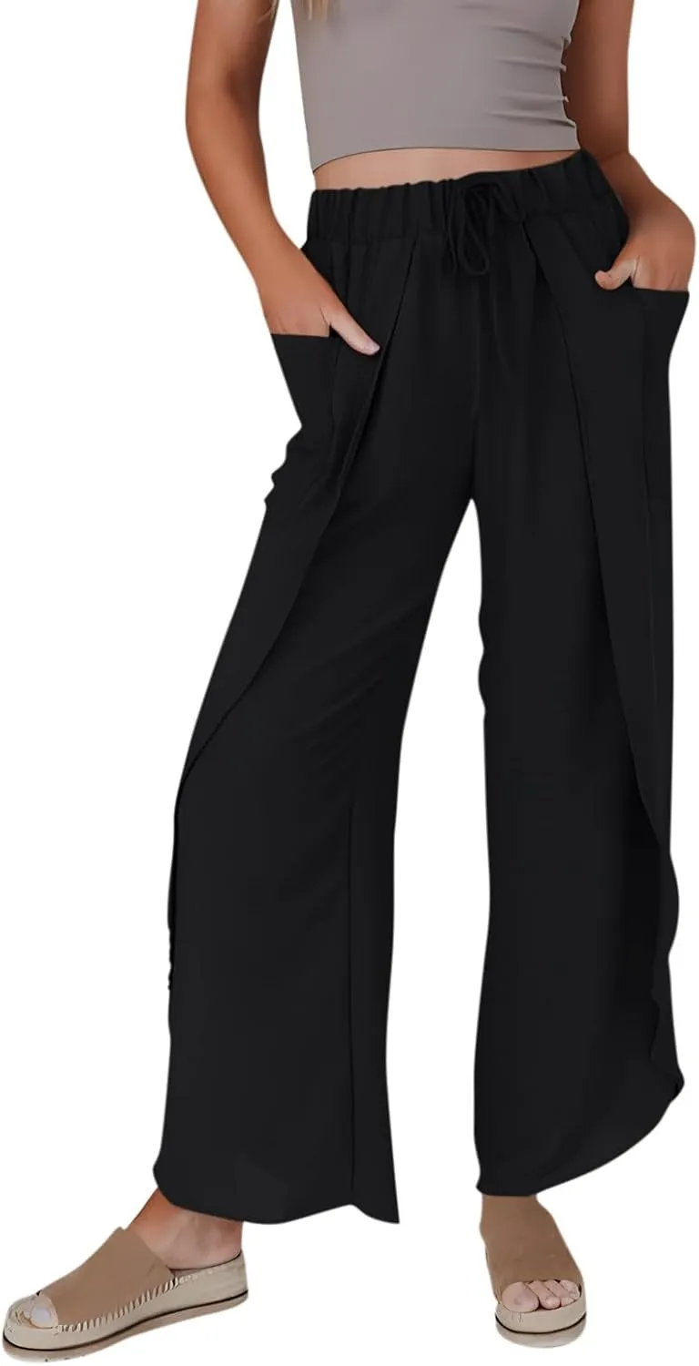 Women's Summer Cotton Linen Wide Leg Pants Drawstring Palazzo Slimming Flared Flowy Beach Trousers with Pockets