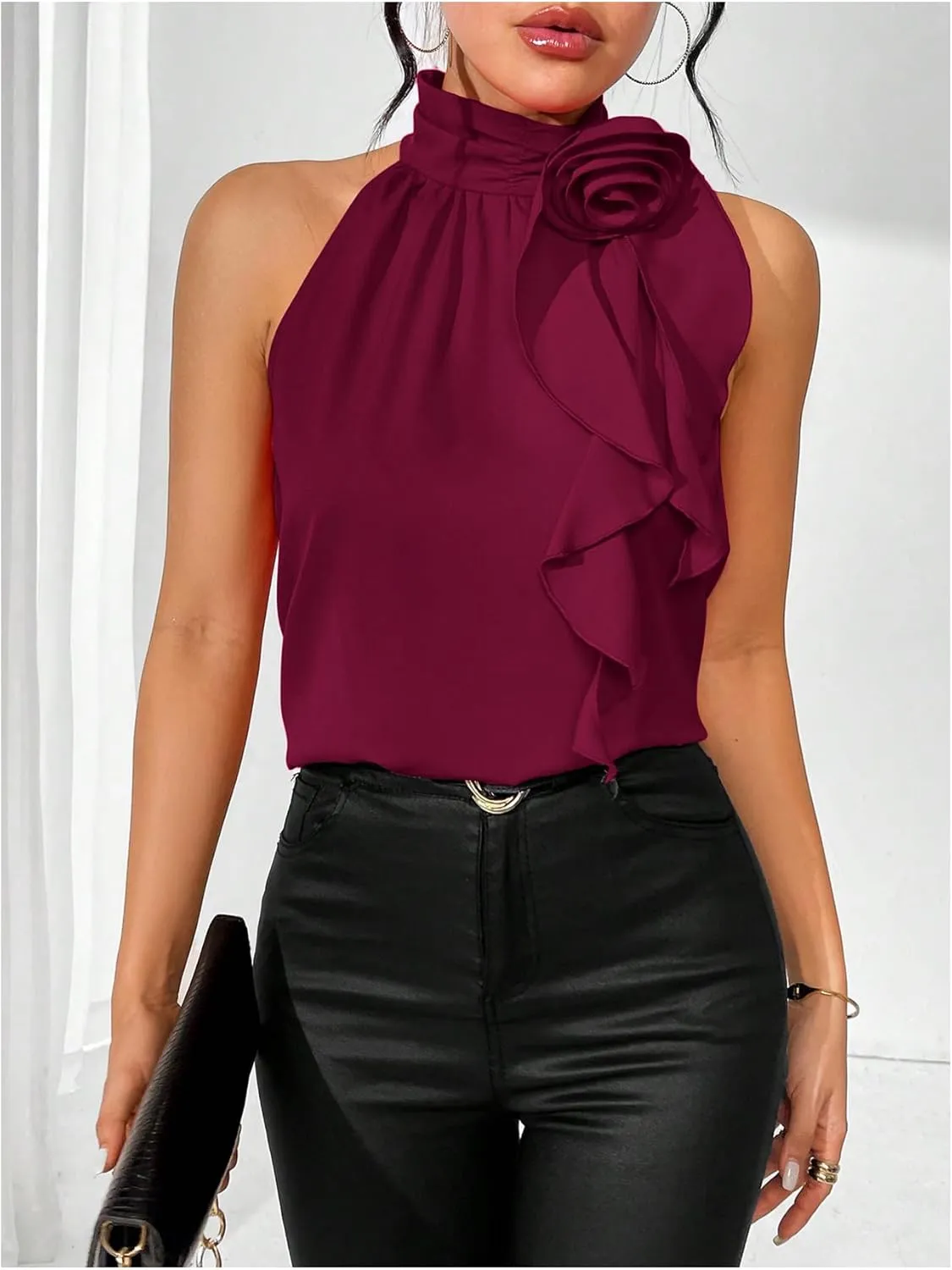 Women's Summer Halter Tops Floral Appliques Sleeveless Work Shirts Blouses for Women Dressy Casual