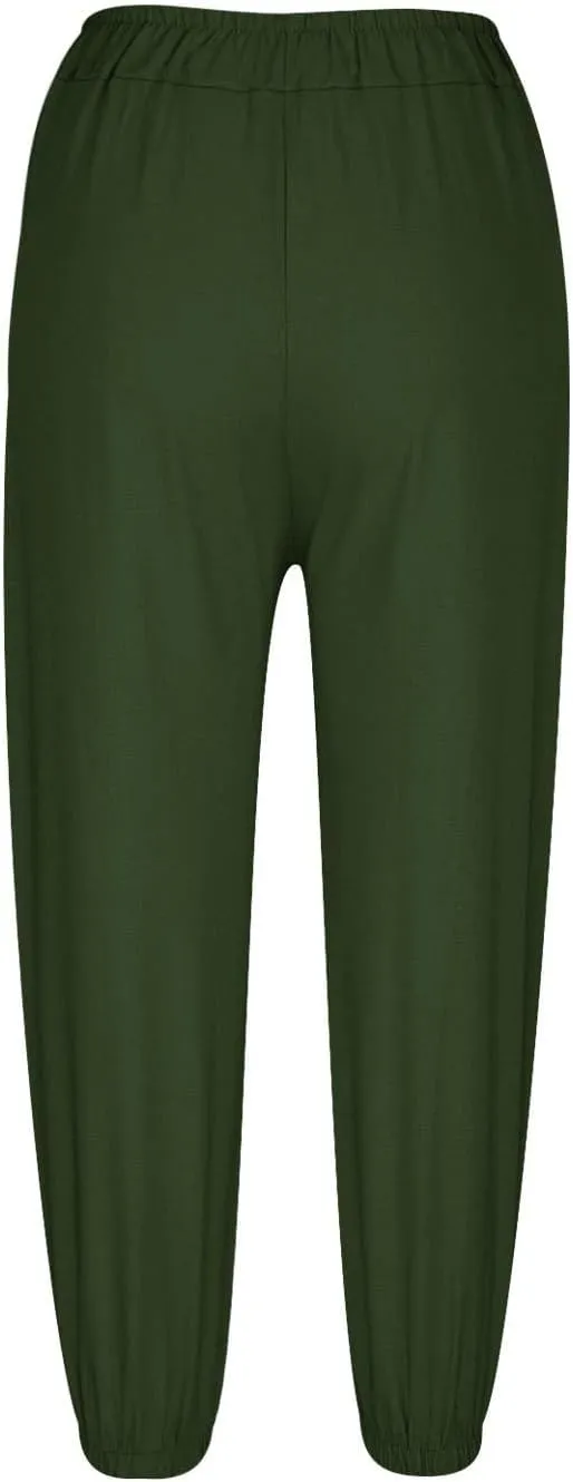 Women's Summer High Waisted Baggy Harem Pants Casual Drawstring Ankle Length Baggy Trousers Slacks with Pockets