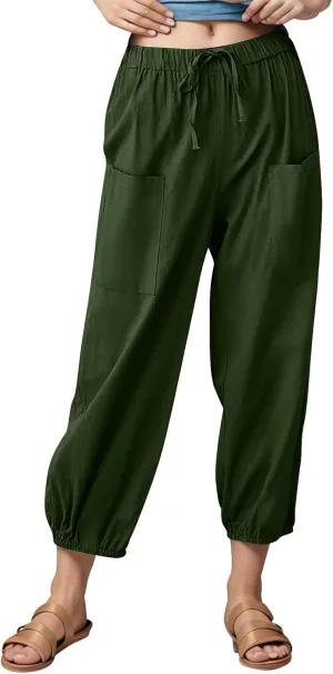 Women's Summer High Waisted Baggy Harem Pants Casual Drawstring Ankle Length Baggy Trousers Slacks with Pockets