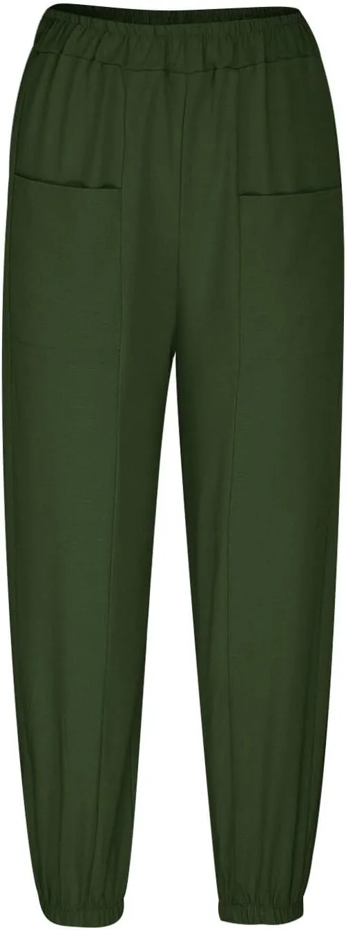 Women's Summer High Waisted Baggy Harem Pants Casual Drawstring Ankle Length Baggy Trousers Slacks with Pockets