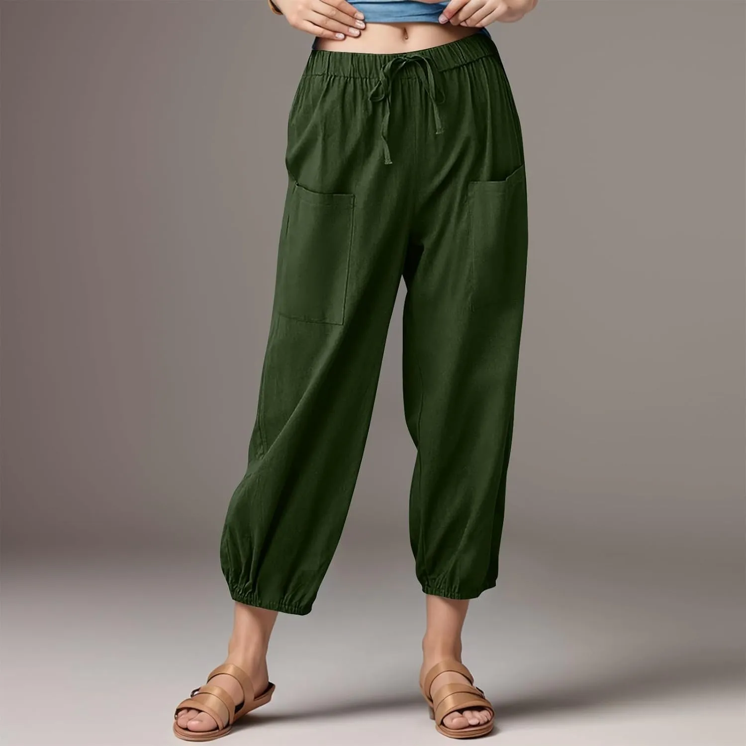 Women's Summer High Waisted Baggy Harem Pants Casual Drawstring Ankle Length Baggy Trousers Slacks with Pockets