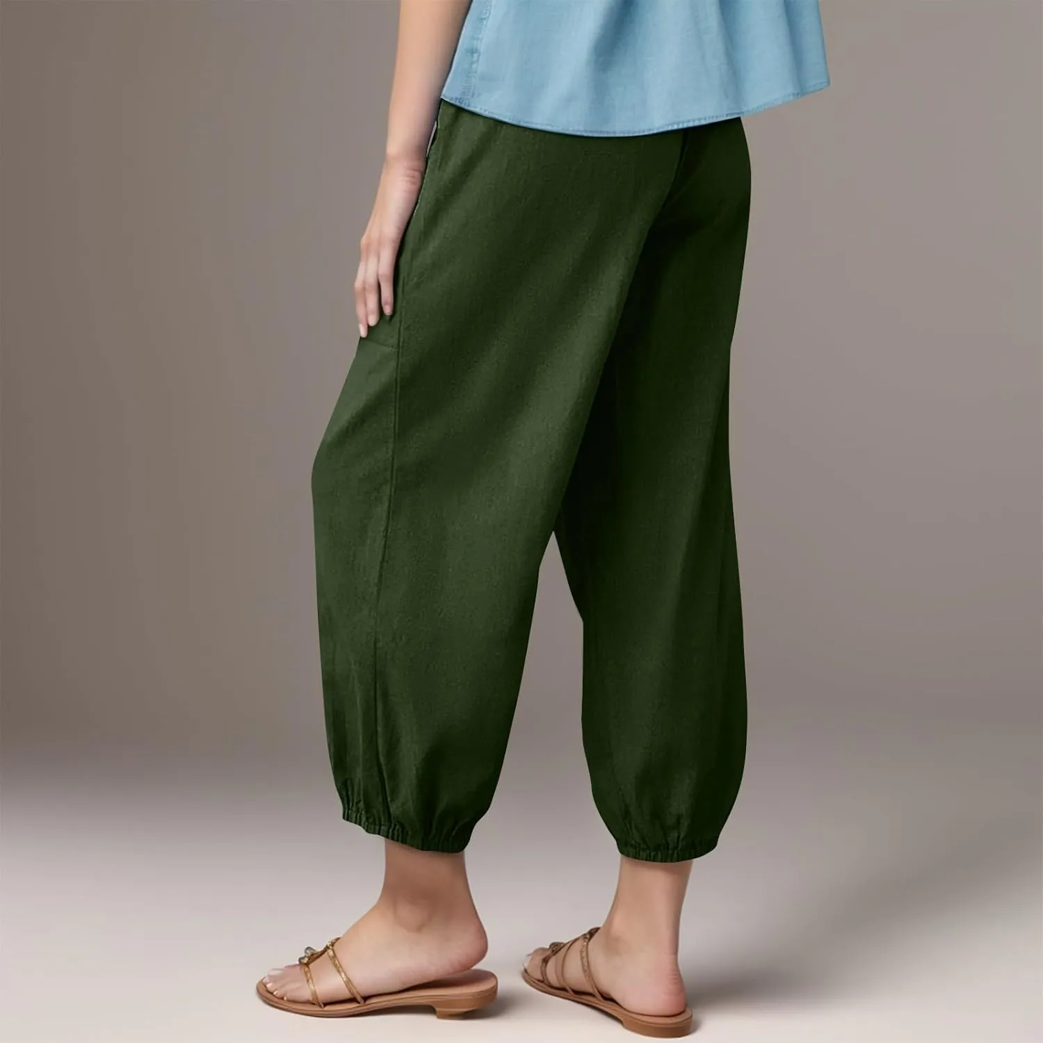 Women's Summer High Waisted Baggy Harem Pants Casual Drawstring Ankle Length Baggy Trousers Slacks with Pockets