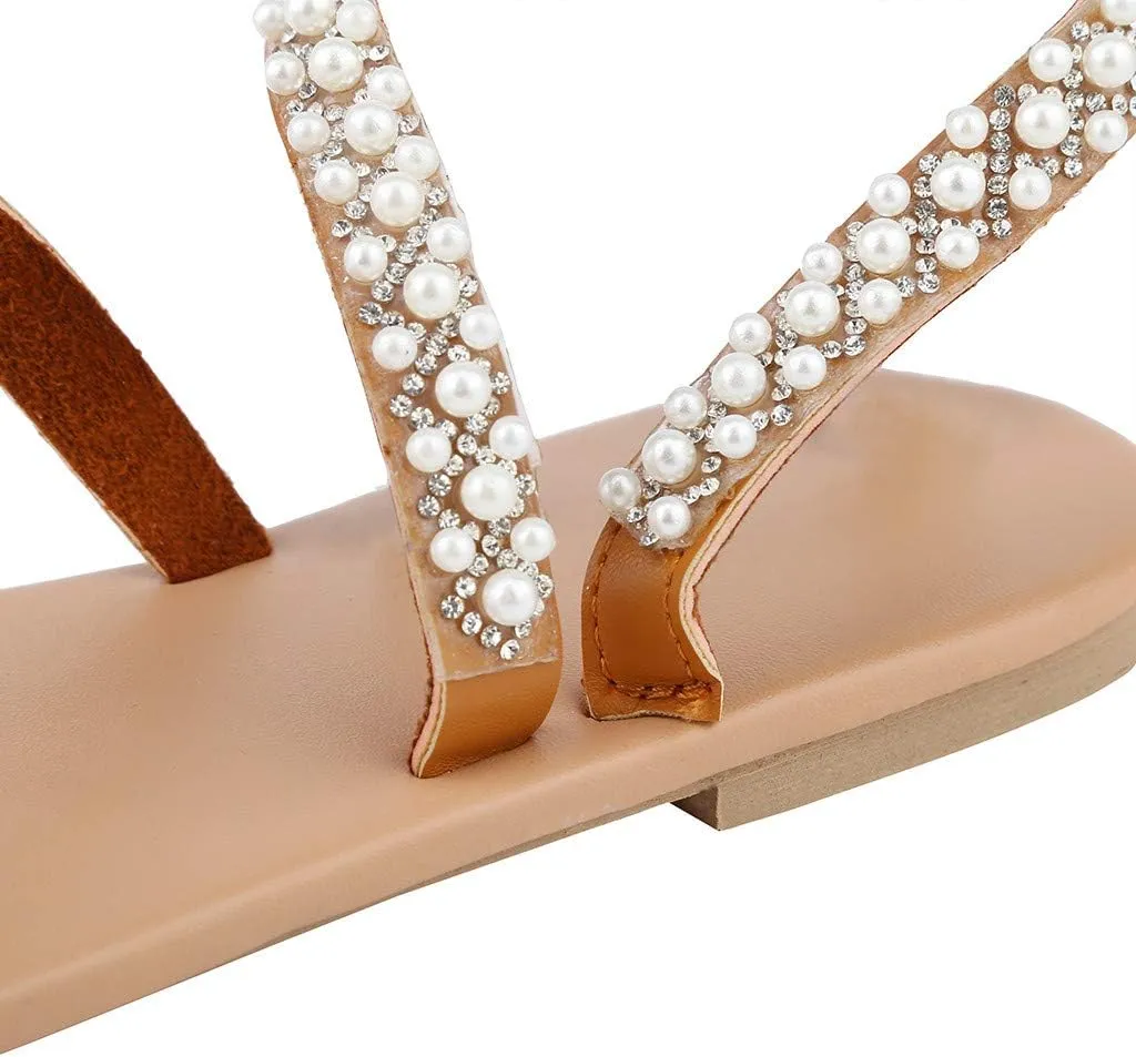 Women's Summer Sandals Gladiator Bohemia Flip Flops Pearls Toe Ring Beach Flat Sandal Slip On Casual Walking Shoes