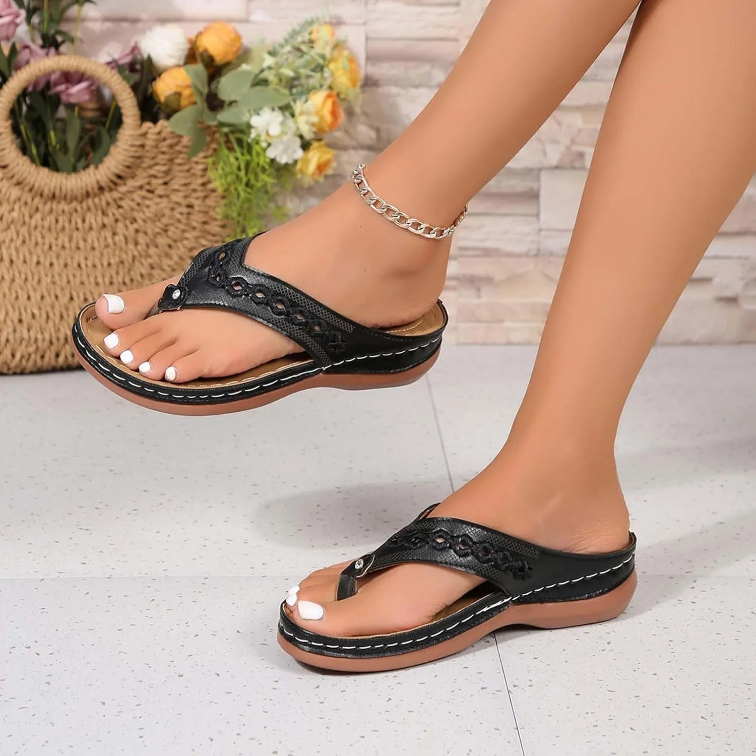 Women's Summer Wedge Sandals Open Toe Boho Casual Slip On Beach Shoes Comfortable Dressy Flat Vintage Outdoor