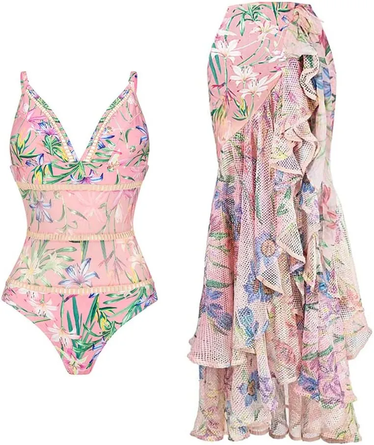 Women's Swimsuit Bodysuit Sleeveless Floral Print One Piece Swimsuit Bathing Suit   Ruffle Skirt, Bikini 2pcs 3pcs Set