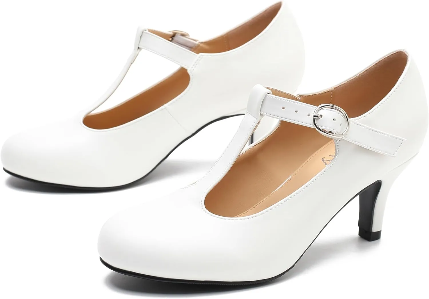 Women's T Strap Mary Jane Kitten Heel Pumps Round Toe Dress Office Work Shoes