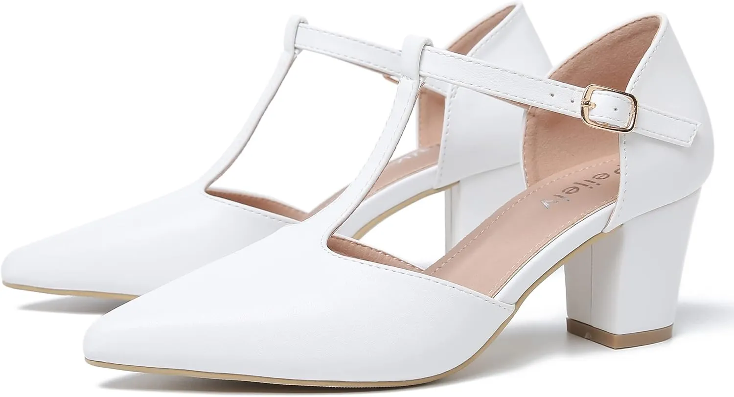 Womens T Strap Mary Jane Shoes Chunky Block Heel Pointed Toe Ankle Strap Buckle Dress Pumps