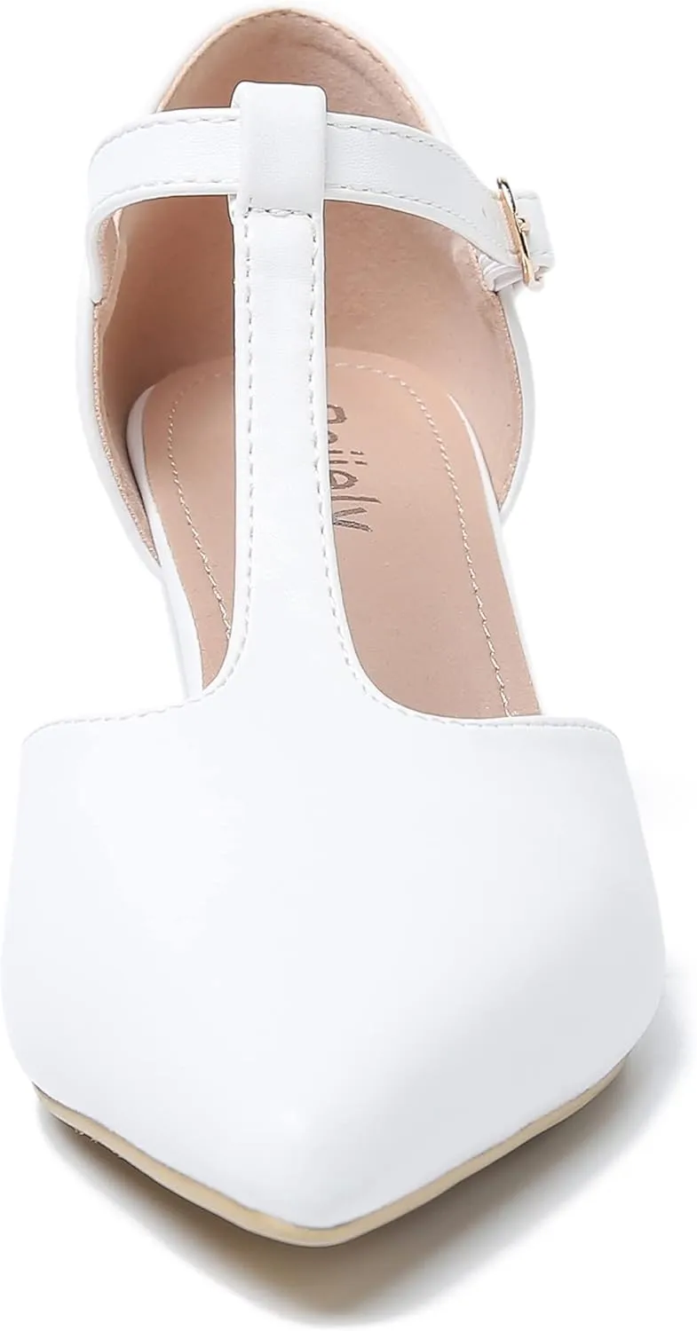 Womens T Strap Mary Jane Shoes Chunky Block Heel Pointed Toe Ankle Strap Buckle Dress Pumps