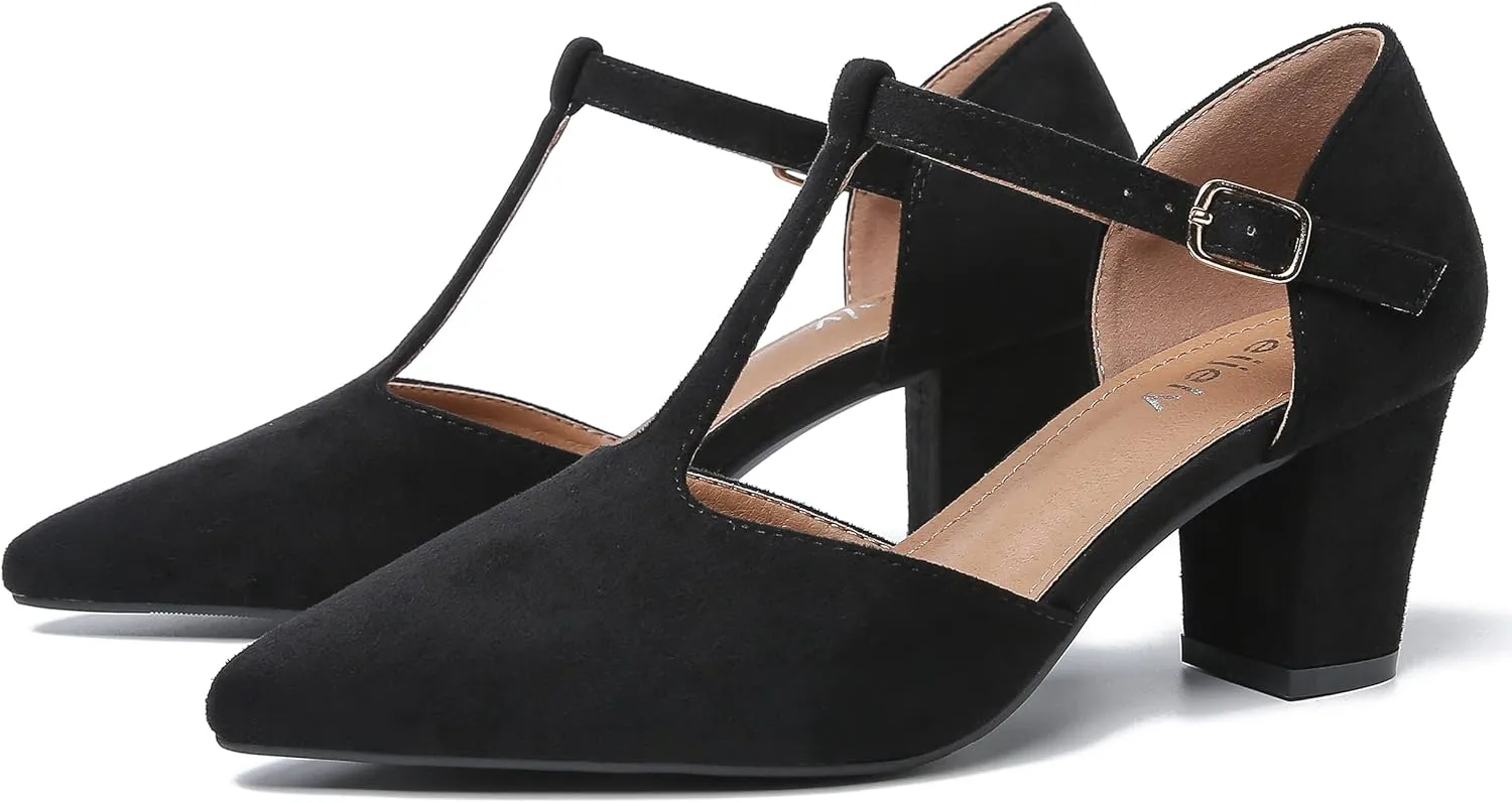 Womens T Strap Mary Jane Shoes Chunky Block Heel Pointed Toe Ankle Strap Buckle Dress Pumps