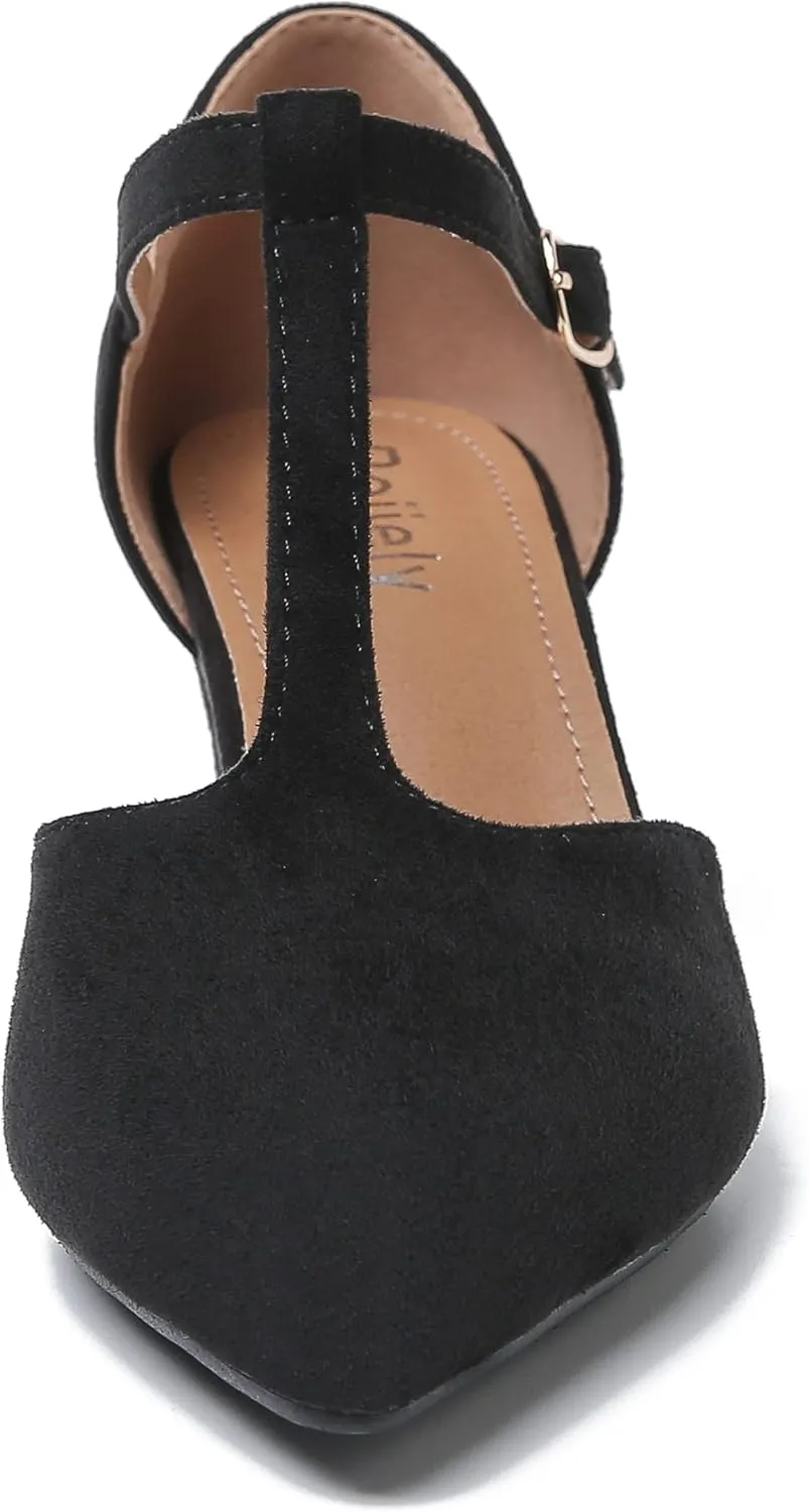 Womens T Strap Mary Jane Shoes Chunky Block Heel Pointed Toe Ankle Strap Buckle Dress Pumps