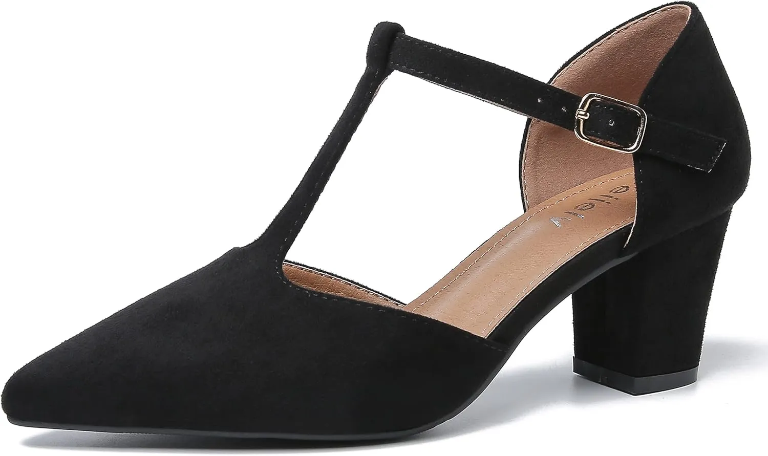 Womens T Strap Mary Jane Shoes Chunky Block Heel Pointed Toe Ankle Strap Buckle Dress Pumps