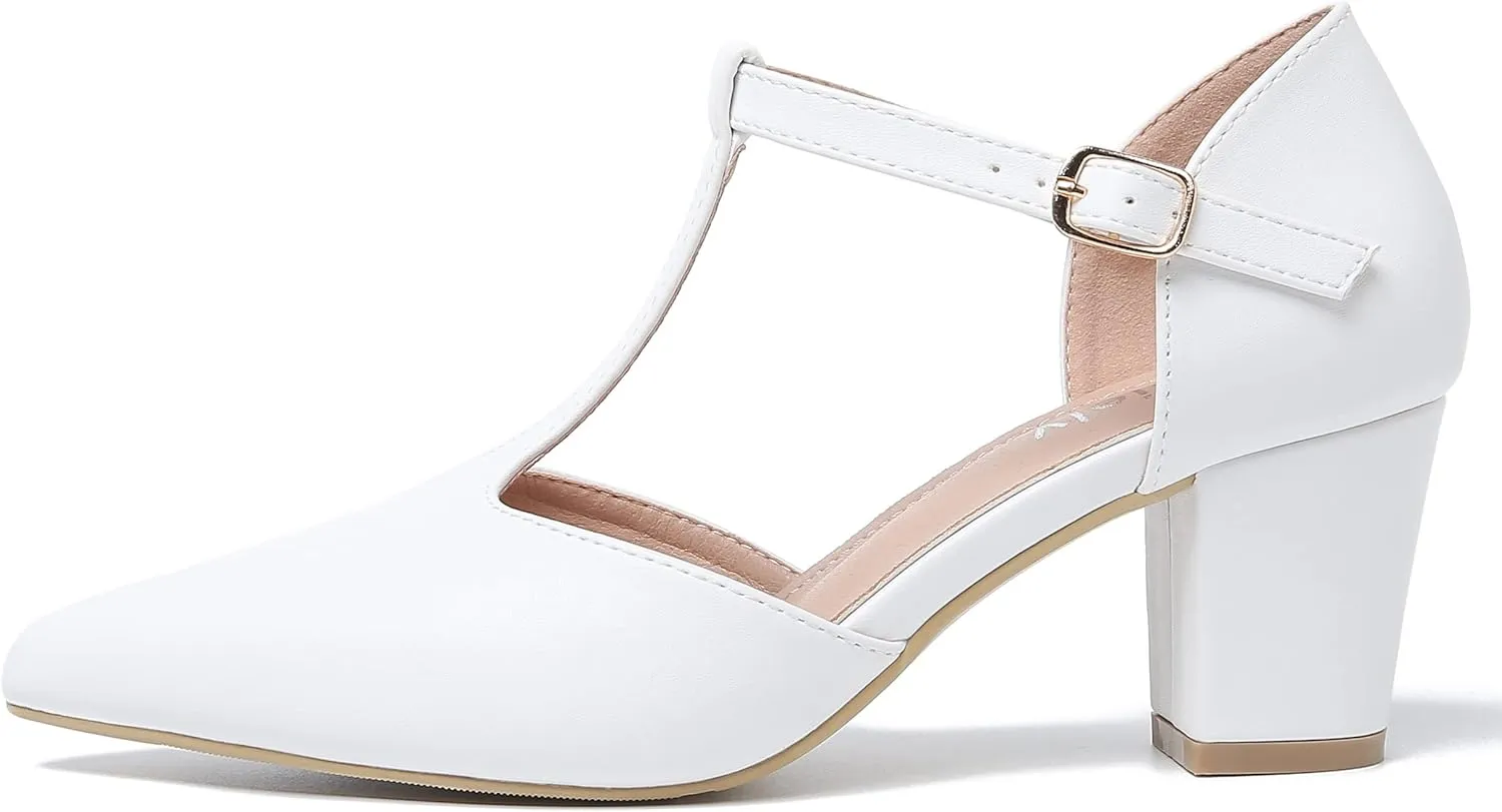 Womens T Strap Mary Jane Shoes Chunky Block Heel Pointed Toe Ankle Strap Buckle Dress Pumps