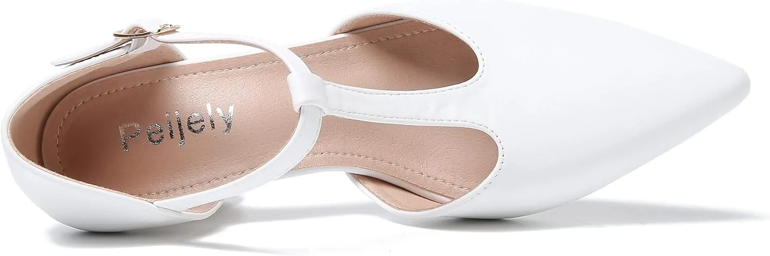 Womens T Strap Mary Jane Shoes Chunky Block Heel Pointed Toe Ankle Strap Buckle Dress Pumps