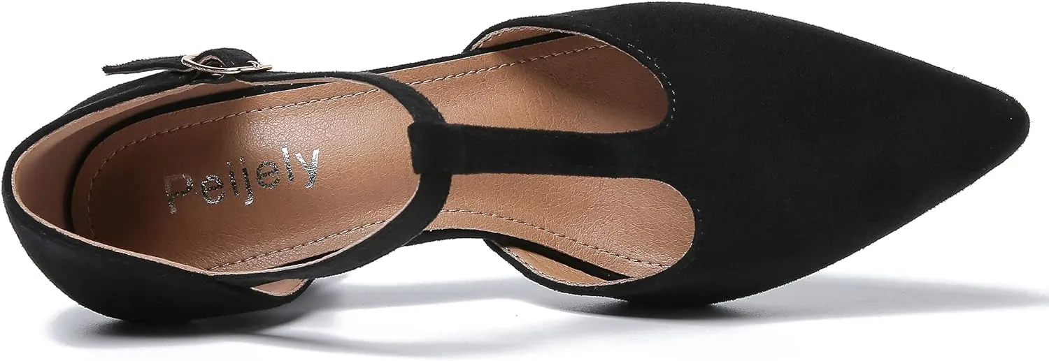 Womens T Strap Mary Jane Shoes Chunky Block Heel Pointed Toe Ankle Strap Buckle Dress Pumps