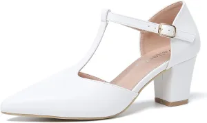 Womens T Strap Mary Jane Shoes Chunky Block Heel Pointed Toe Ankle Strap Buckle Dress Pumps