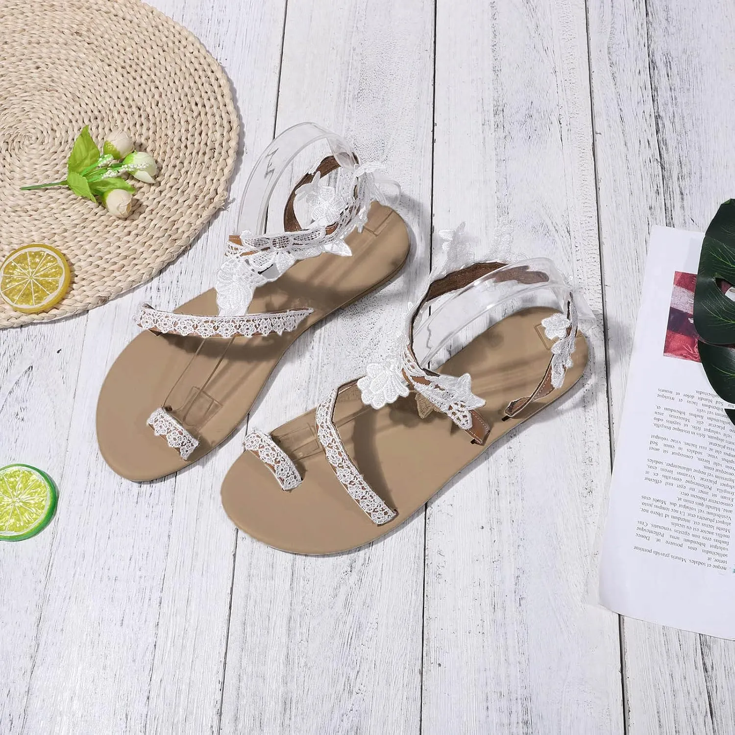 Women's Thong Flat Sandals Casual Lace Floral Beach Flip Flop Summer Toe Ring Roman Dressy Sandal Comfy Dress Shoes