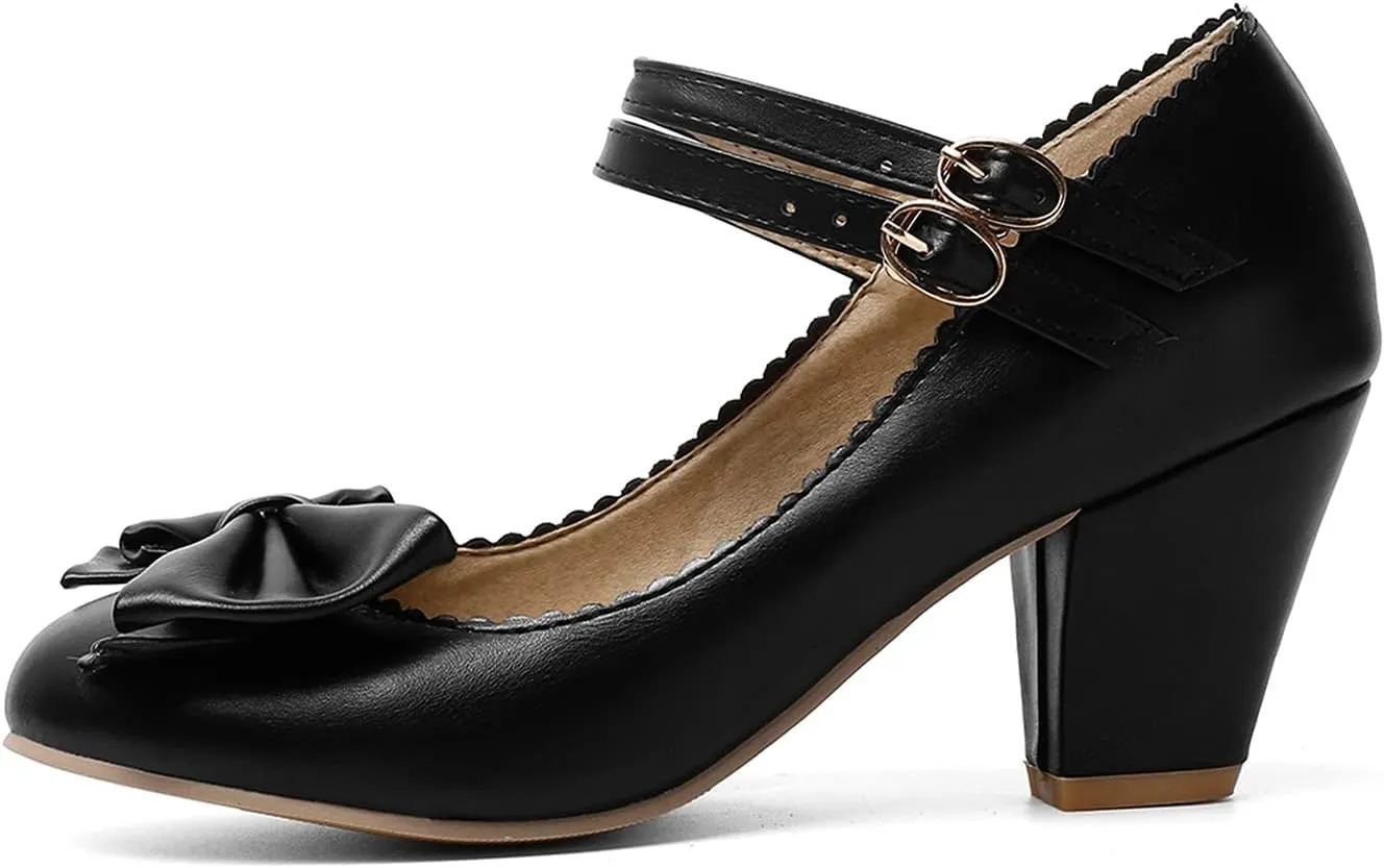 Womens Vintage Ankle Strap Mary Jane Pumps Bowknot Buckle Comfy Block Mid Heel Closed Toe Dress Shoes