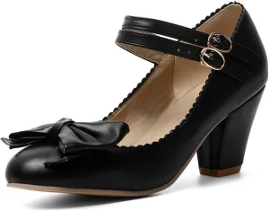 Womens Vintage Ankle Strap Mary Jane Pumps Bowknot Buckle Comfy Block Mid Heel Closed Toe Dress Shoes