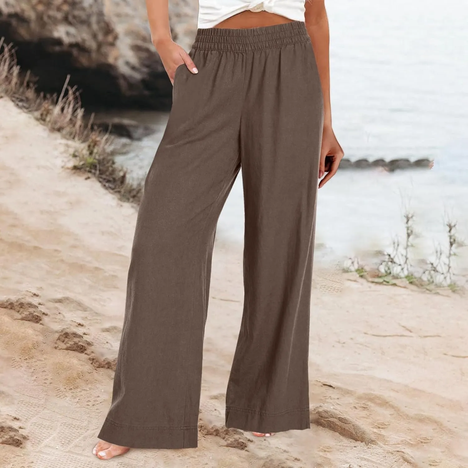 Women's Vintage Striped Print High Elastic Waist Wide Leg Beach Palazzo Pants Pockets Summer Caual Flowy Trousers