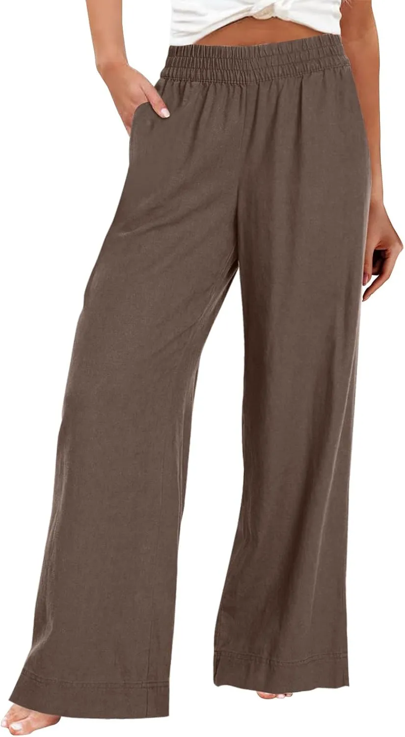 Women's Vintage Striped Print High Elastic Waist Wide Leg Beach Palazzo Pants Pockets Summer Caual Flowy Trousers