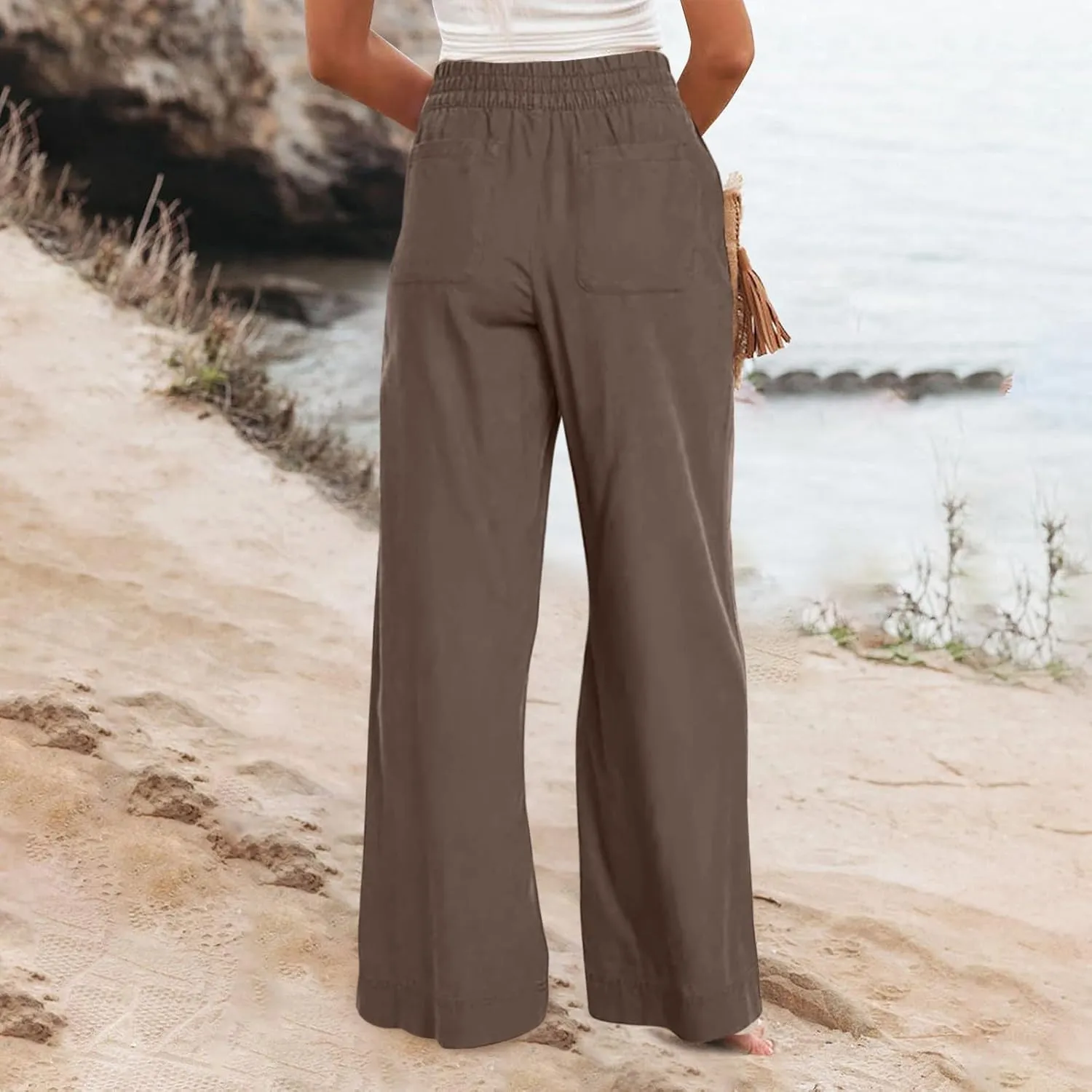 Women's Vintage Striped Print High Elastic Waist Wide Leg Beach Palazzo Pants Pockets Summer Caual Flowy Trousers