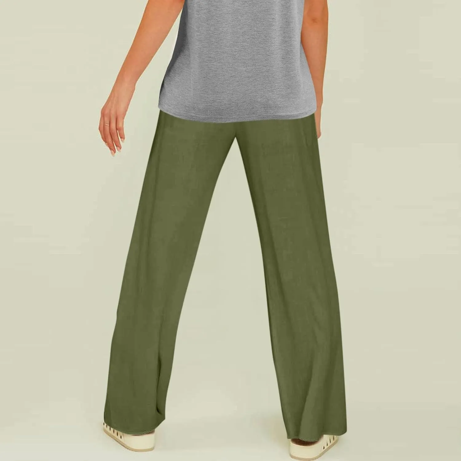 Women's Wide Leg Casual Beach Linen Pants Summer Loose Fit High Waisted Drawstring Palazzo Trousers with Pockets