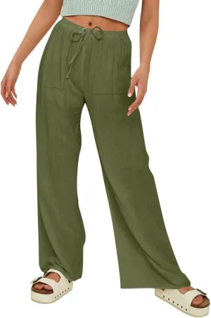 Women's Wide Leg Casual Beach Linen Pants Summer Loose Fit High Waisted Drawstring Palazzo Trousers with Pockets