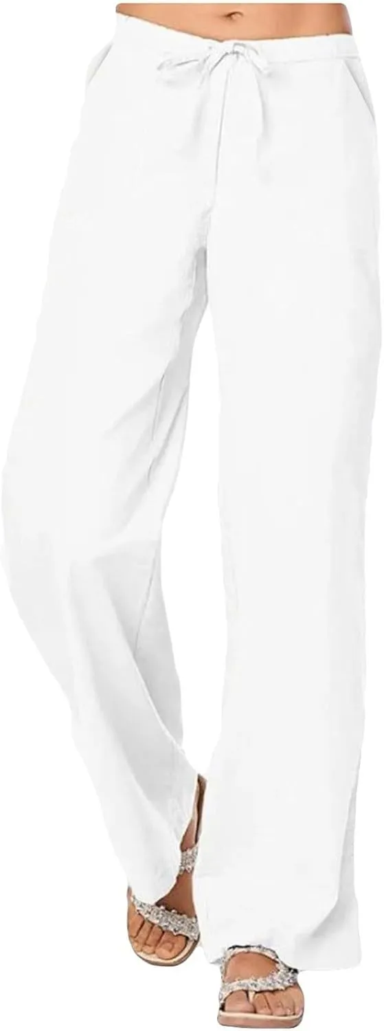 Women's Wide Leg Casual Beach Linen Pants Summer Loose Fit High Waisted Drawstring Palazzo Trousers with Pockets