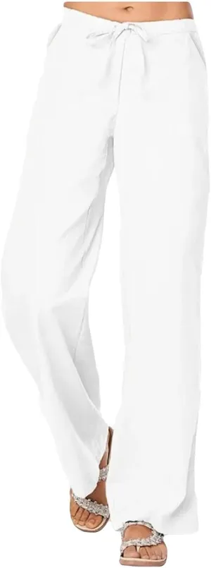 Women's Wide Leg Casual Beach Linen Pants Summer Loose Fit High Waisted Drawstring Palazzo Trousers with Pockets