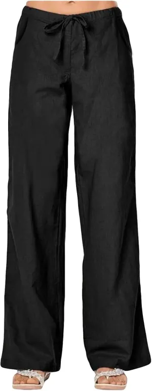 Women's Wide Leg Casual Beach Linen Pants Summer Loose Fit High Waisted Drawstring Palazzo Trousers with Pockets