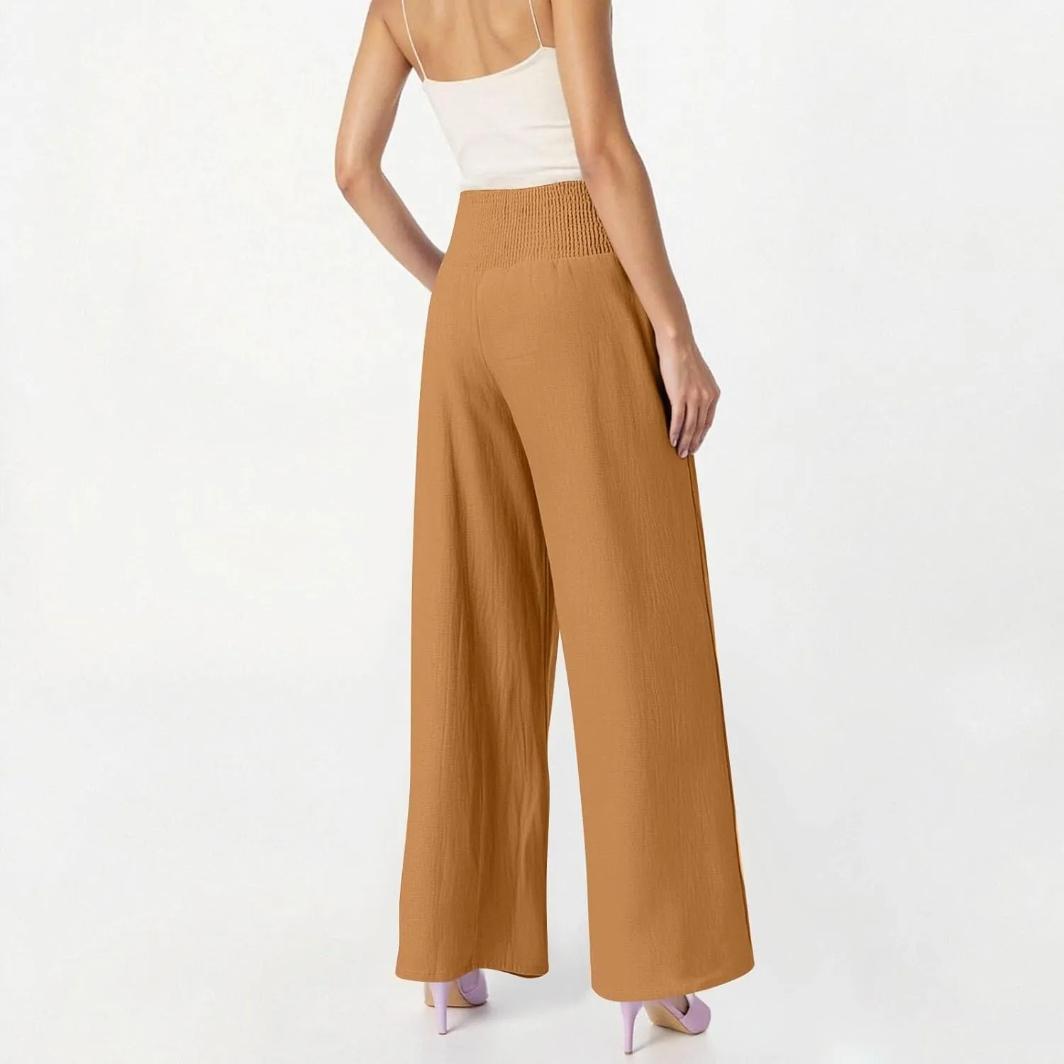 Womens Wide Leg Linen Pants Summer Palazzo Pant Smocked Elastic Waist Loose Pants Baggy Trouser with Pockets (S-XXL)